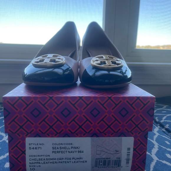 Tory Burch Chelsea 50mm Captoe pump Seashell Pink/Perfect Navy Size 10 - Picture 7 of 8